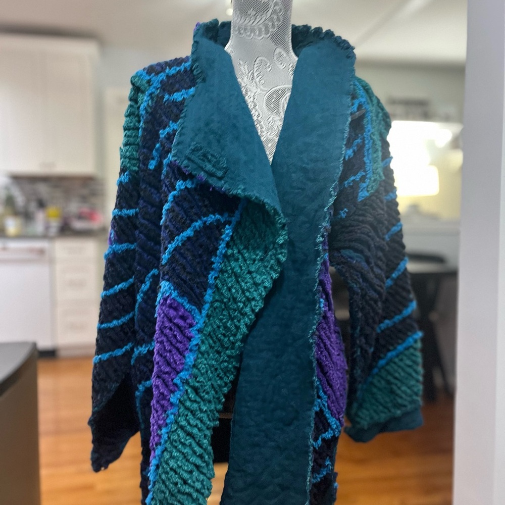 Tim Harding - Shirred Cotton Art-to-Work Colorful Textured Open Front Coat - M L